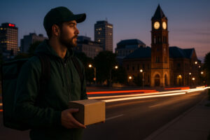 Same-day weed delivery in Kitchener with city skyline at dusk.