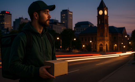 Same-day weed delivery in Kitchener with city skyline at dusk.